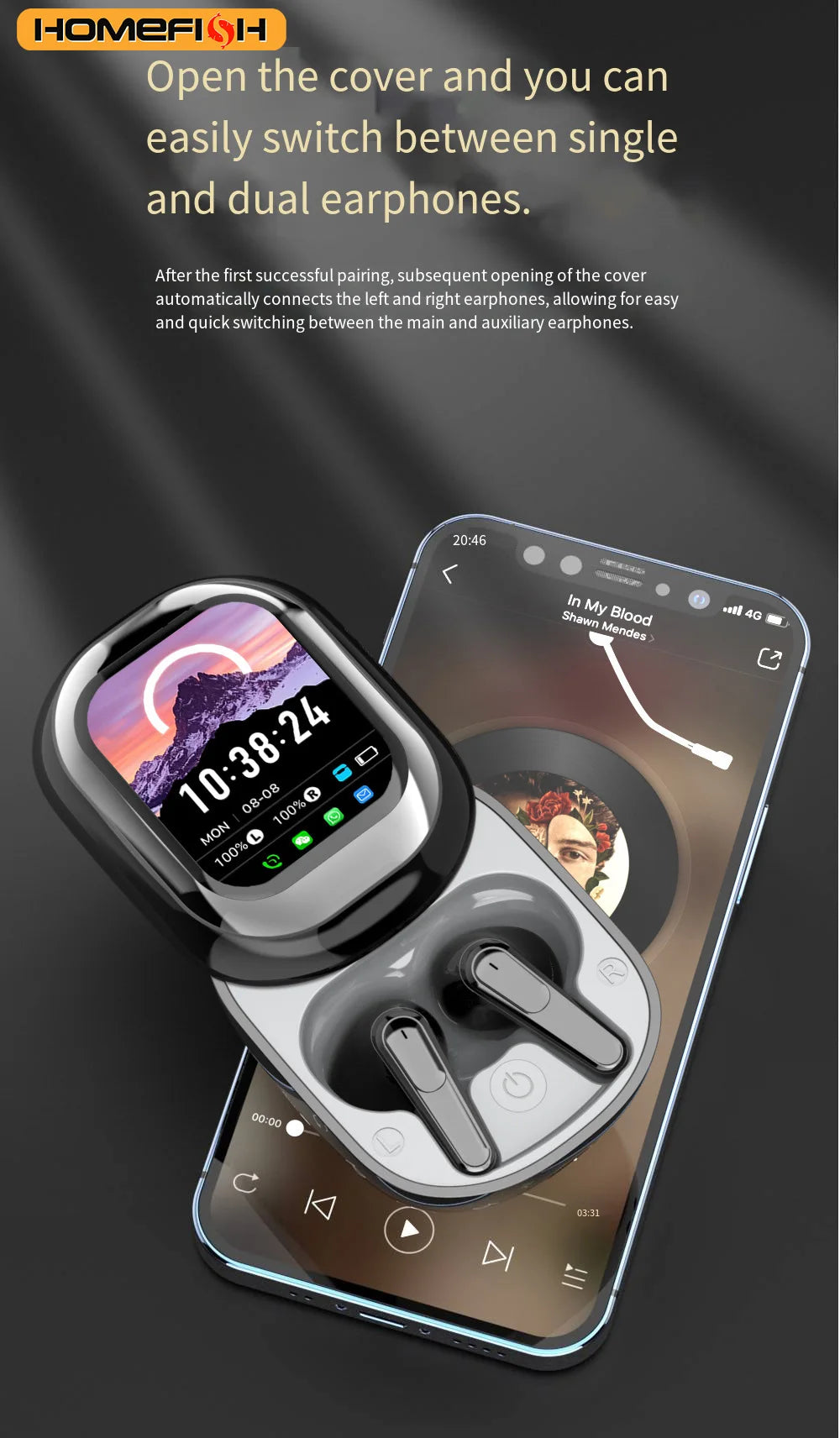 SE-ONE smart headphones with LED full-color sliding touch screen support wireless TWS headphones for receiving APP information.