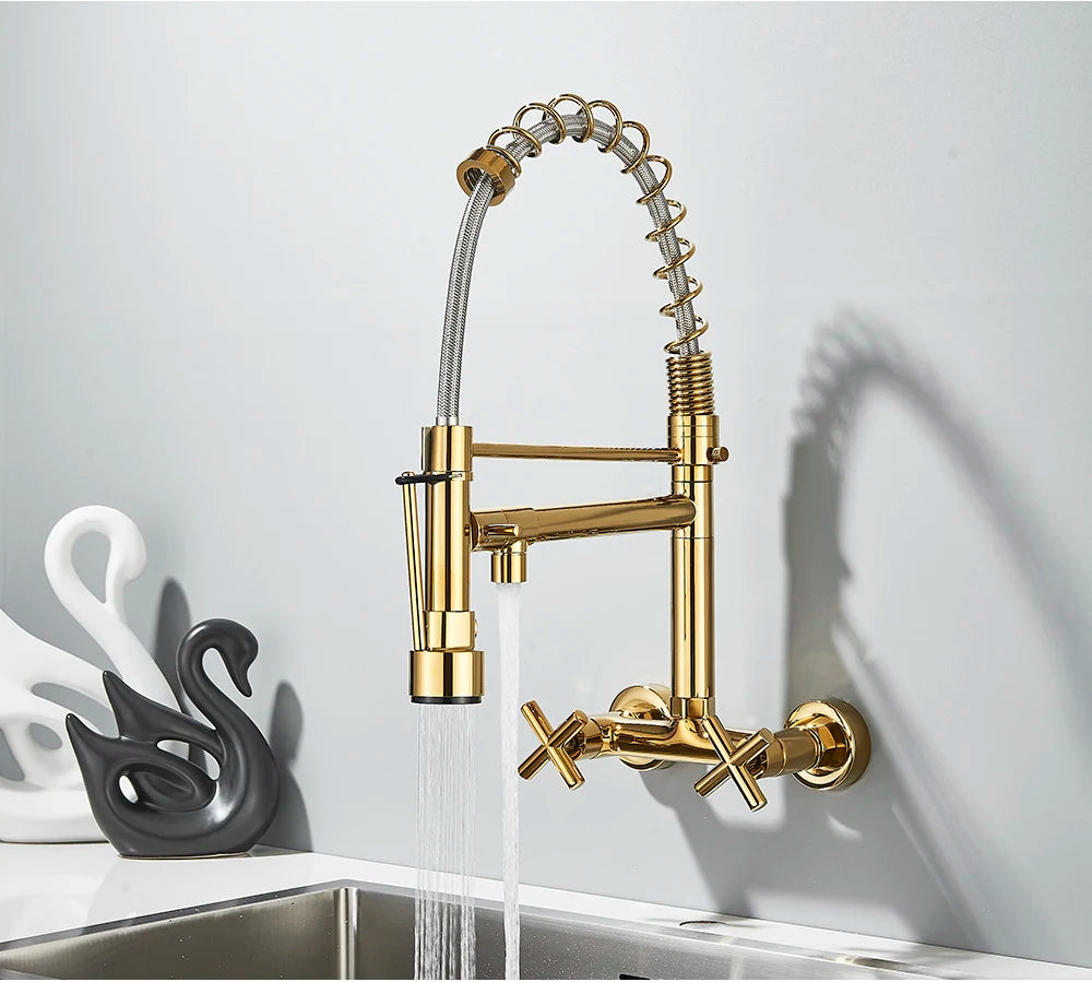 Gold Black Kitchen Faucet Wall Mount Pull Down Tap Vessel Sink Hot Cold Water Mixer Tap Spring Dual Swivel Spouts Sink Crane