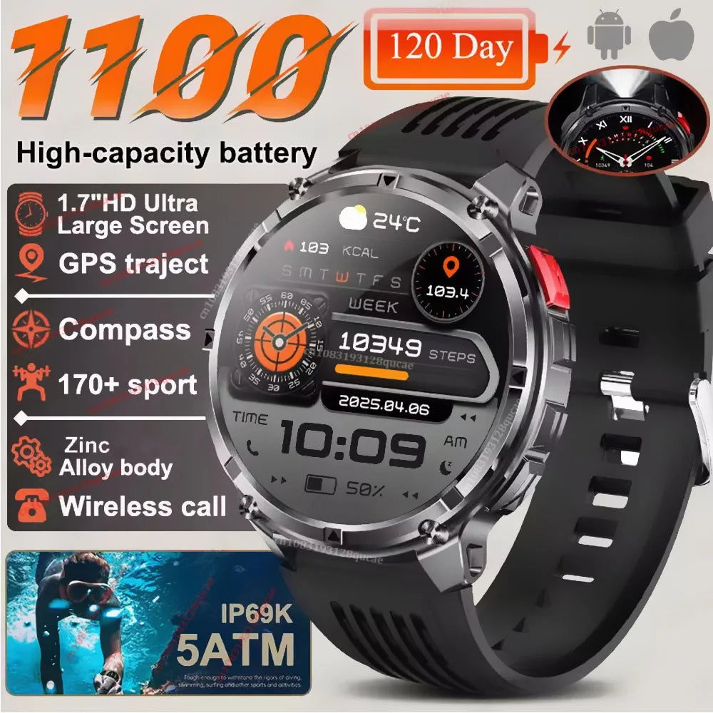 2026 New 1100mAh 1.7 Inch Smart Watch GPS path 5ATM Waterproof Sports Run Hiking Outdoors Compass Flashlight Military Smartwatch