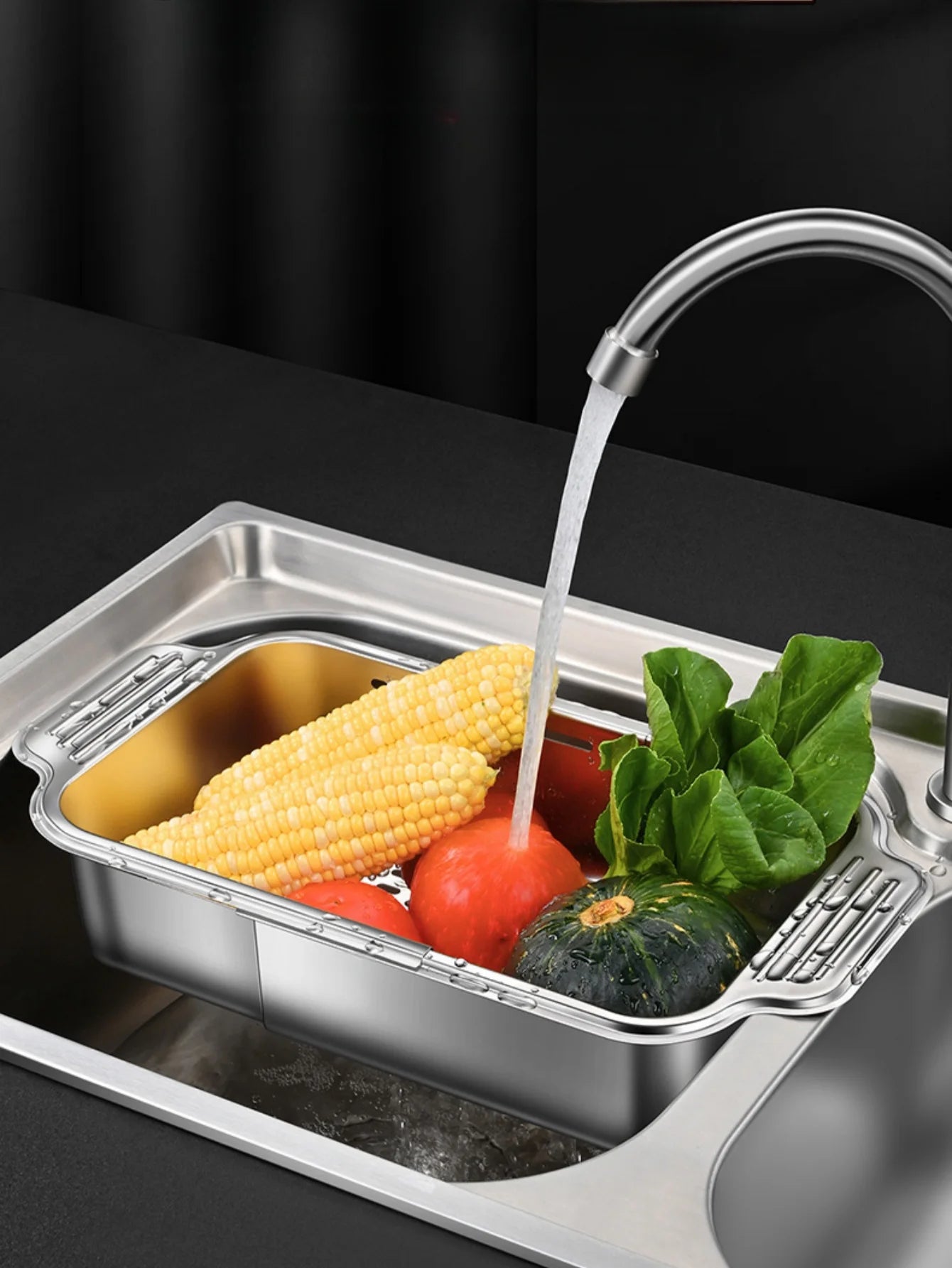 Stainless steel telescopic sink filter basket, adjustable length, used for cleaning fruits, draining spaghetti and dishes