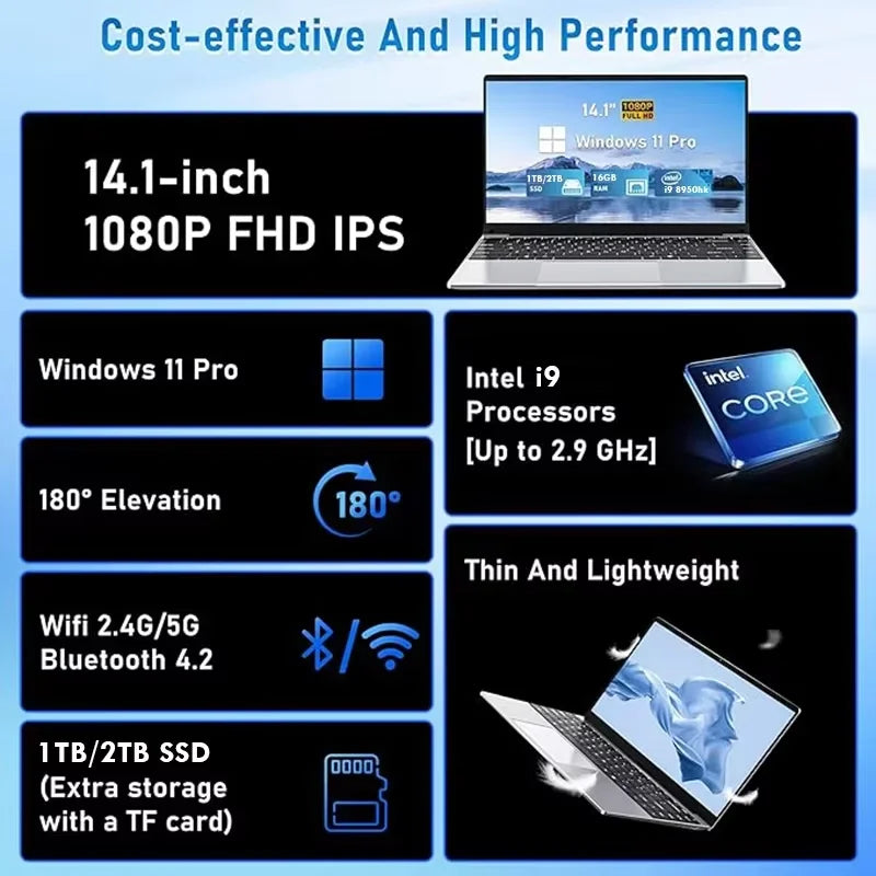 2026 Intel Core i9 10980HK Portable Laptop Computer 16GB DDR4 1TB 2TB SSD 14.1" Notebook Windows 11 4K Office Gaming PC