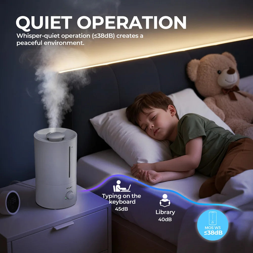 ROUNY Air Humidifier, 4L Large Capacity Ultrasonic Humidifier with Low Water Protection, 360° & Quiet & BPA-Free, White