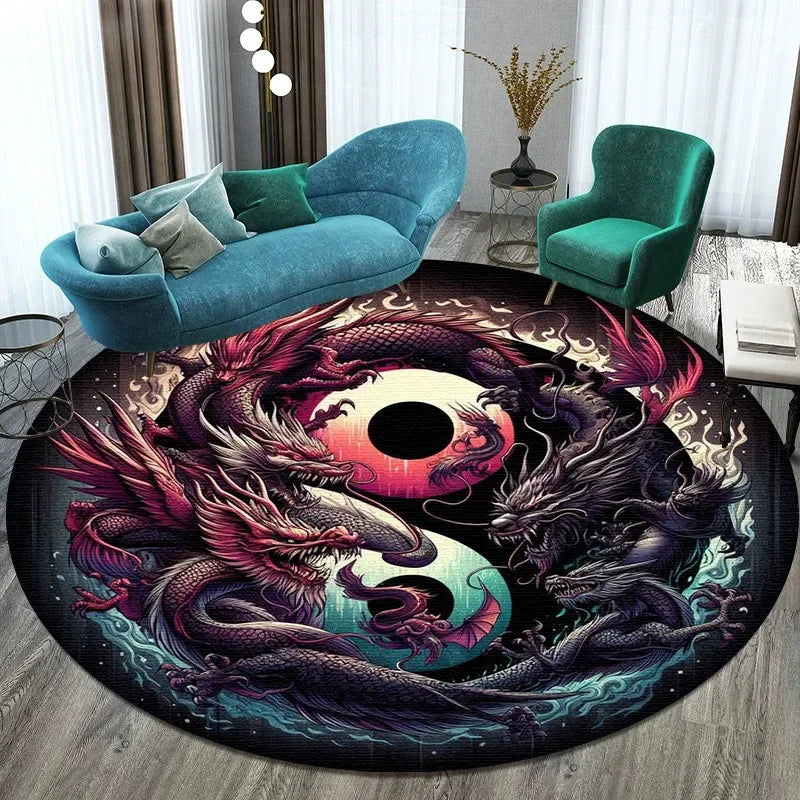 Large Round Carpet Rug Living Room Bedroom Decoration Anti Slip Tree of Life Mat Dragon Lion Tiger Yin Yang Tai Chi Carpet Rugs