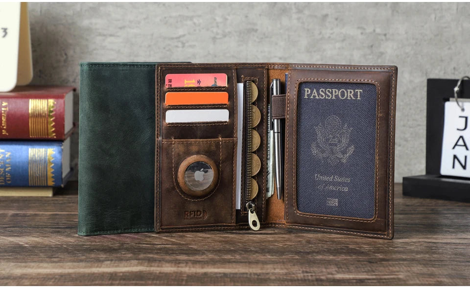 CONTACT'S Genuine Leather Passport Wallet Card Holder Coin Purse AirTag Slot Men Travel Wallet Women‘s Purse Passport Cover Bag