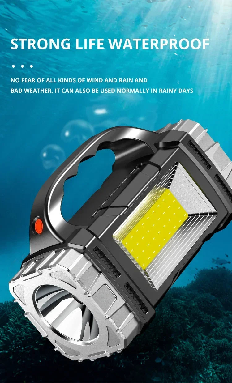 2024 Powerful LED Flashlight USB+Solar Rechargeable Flashlight COB Outdoor Camping Torch Portable Searchlight Power Bank Outdoor