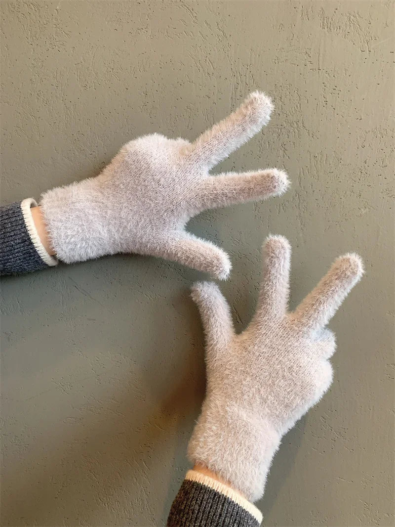 Fashion Winter Mink Velvet Five Finger Gloves Plush Warm Cold-proof Gloves Women Outdoors Cycling Solid Color Wistiti Mittens