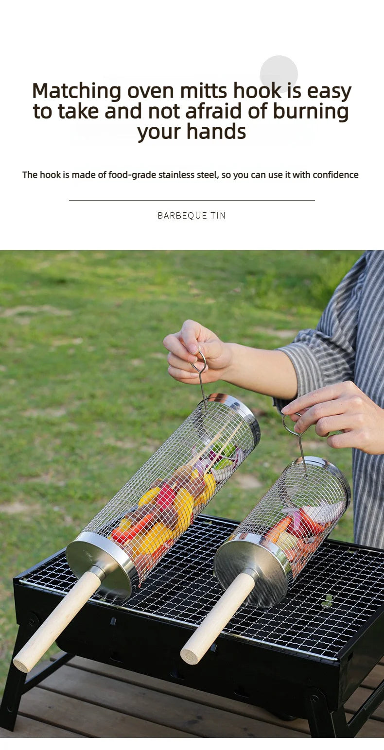 Wooden handle rolling barbecue cage, outdoor BBQ grill basket, 304 stainless steel barbecue tube, barbecue net,Free shipping
