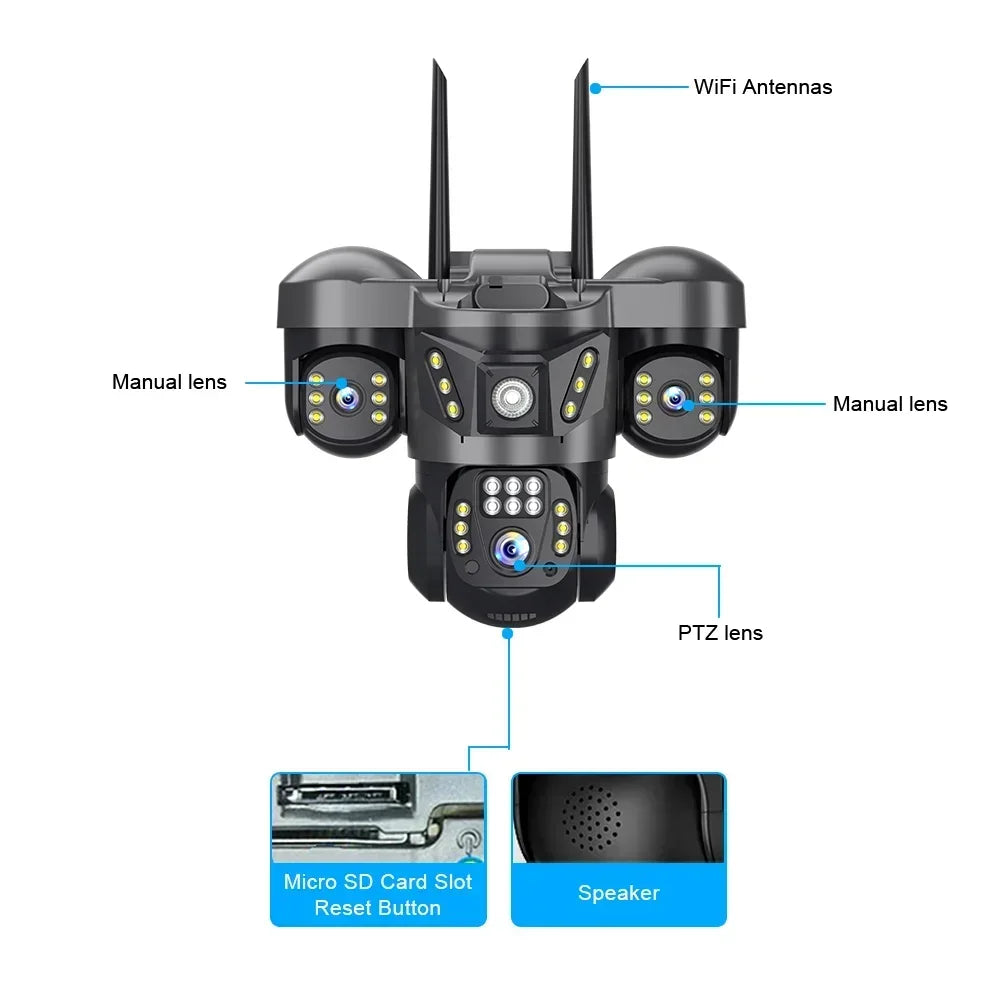 15MP 8K WIFI IP Camera 10X Zoom Triple Lens Outdoor Triple Screen PTZ Cam Waterproof CCTV Auto Tracking Security Surveillance