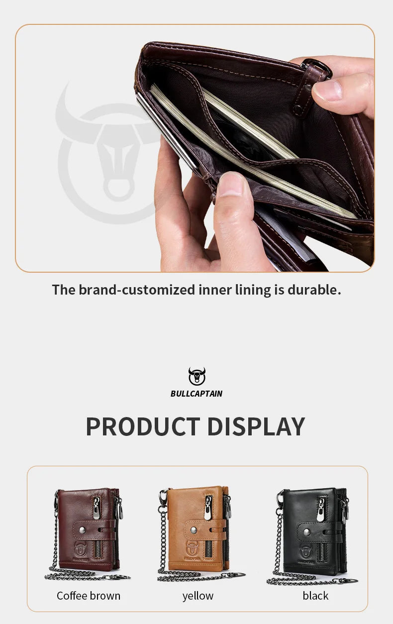 Bullcaptain Genuine Leather Men's Wallet Fashion Quality Travel Purse Rfid Protect Credit Card Holder Wollst for Men with Chain