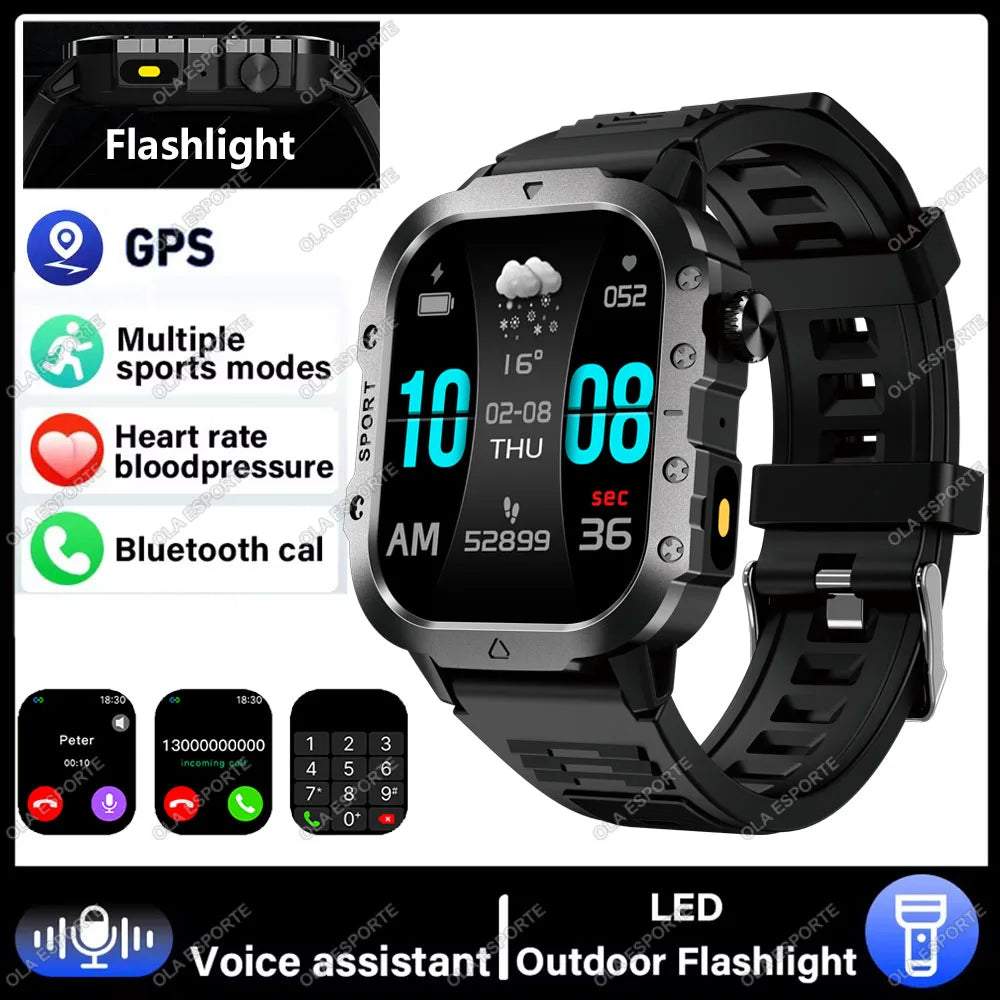 2026 New Military-grade Smart Watch Men GPS Flashlight 3ATM Waterproof Watch Bluetooth Call 100+Sport Outdoor Smartwatch Pk MA27
