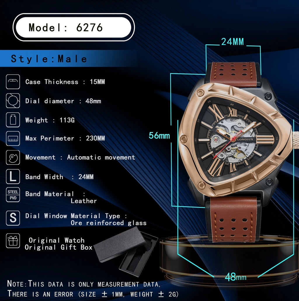 Men automatic watch explore outdoors style mechanical watches retro triangle skeleton leather waterproof luminous mens watch