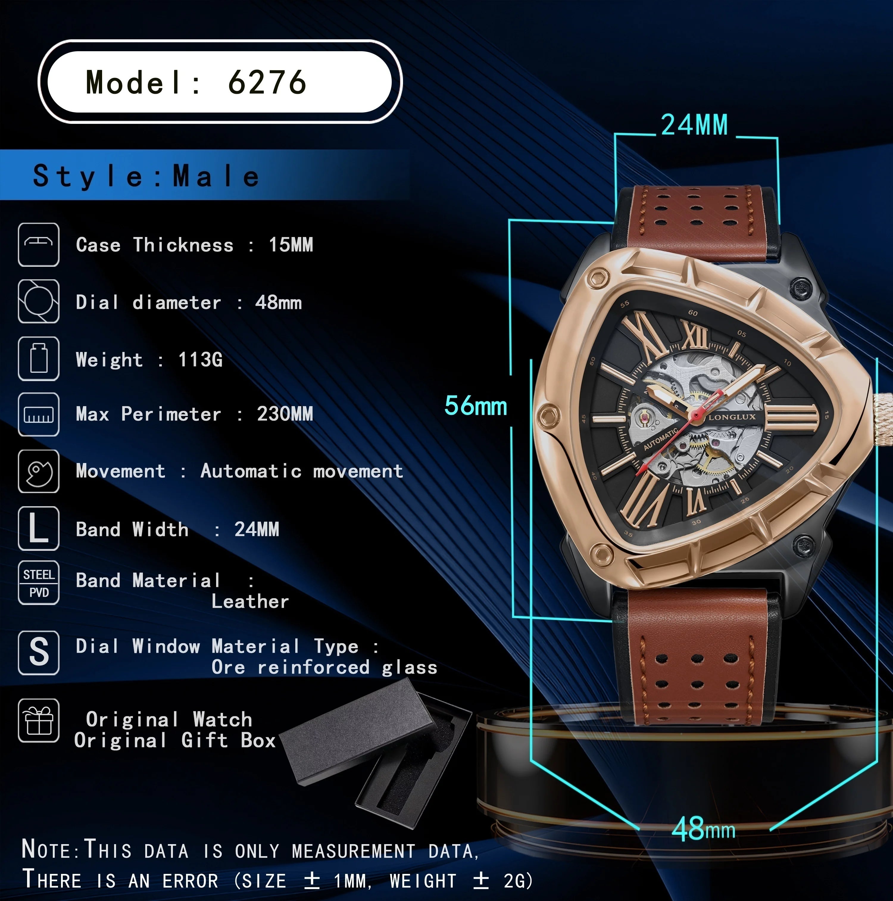 Men automatic watch explore outdoors style mechanical watches retro triangle skeleton leather waterproof luminous mens watch
