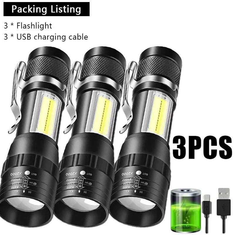 Mini LED Flashlight with Pen Clip Zoomable USB Rechargeable Portable Torch with Side Lights Outdoor Camping Emergency Lantern