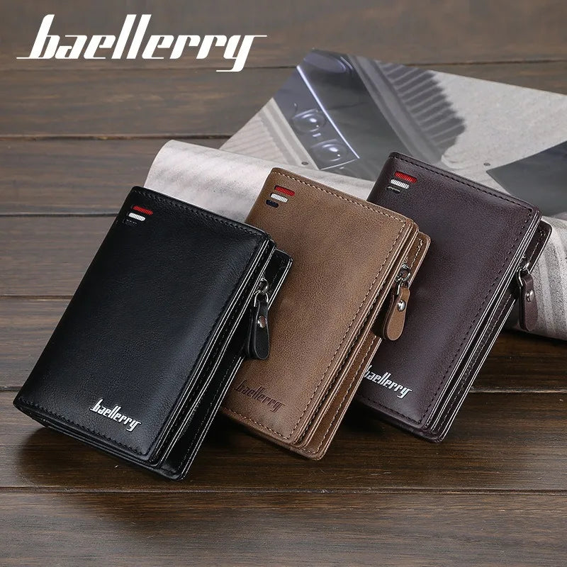 Baellerry Men PU Leather short Wallet With Zipper Coin Pocket Vintage Big Capacity Male Short Money Purse Card Holder