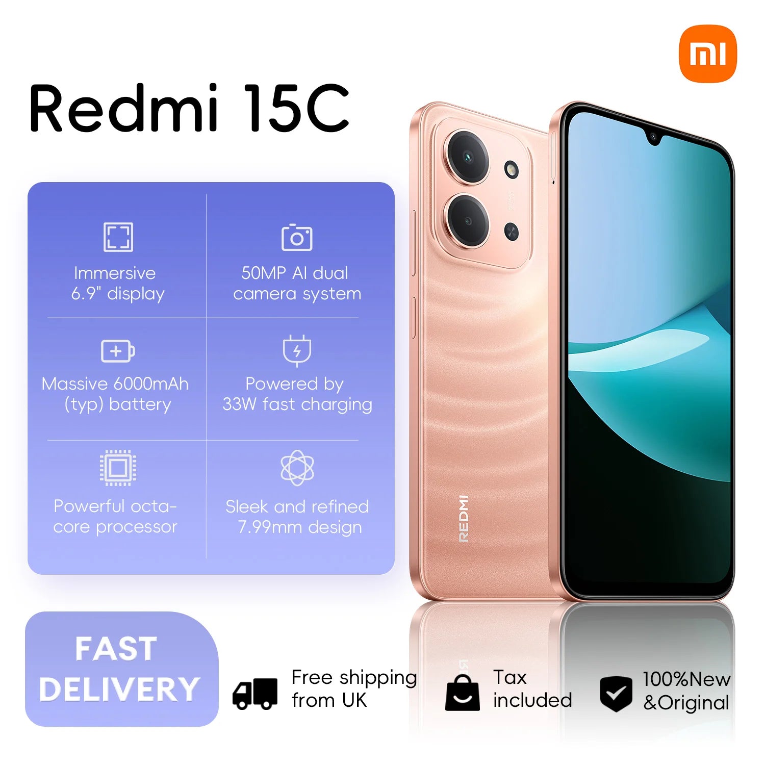 Xiaomi Redmi 15C 4G 4+128GB 6.9“ 120Hz Display 50MP Camera MediaTek Helio G81-Ultra Processor 6000mAh 33W Side fingerprint NFC
