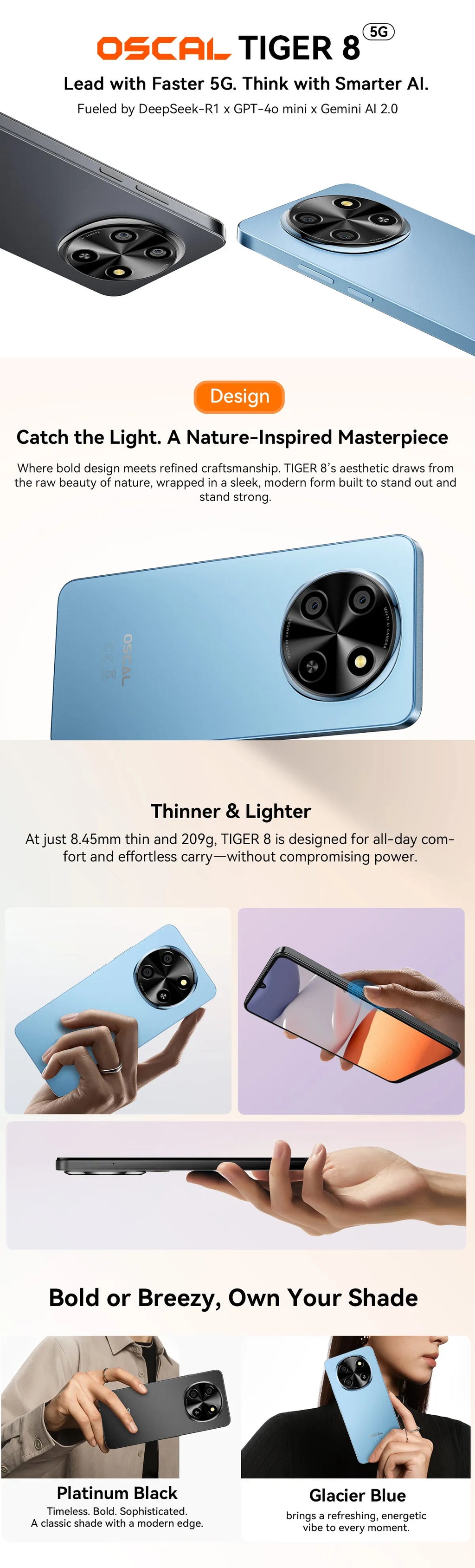 OSCAL TIGER 8 5G Ai Smartphone Android 15 6.88 inch HD 120Hz Display RAM 4GB/8GB+128GB ROM Storage 5MP+13MP Camera Buit-in Ai