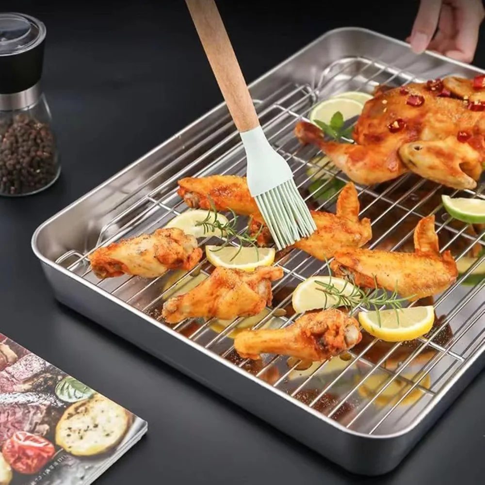 304 Stainless Steel Baking Tray Set with Grill Metal Rectangular Cooling Rack Grilling Tools BBQ for Kitchen Outdoor Camping