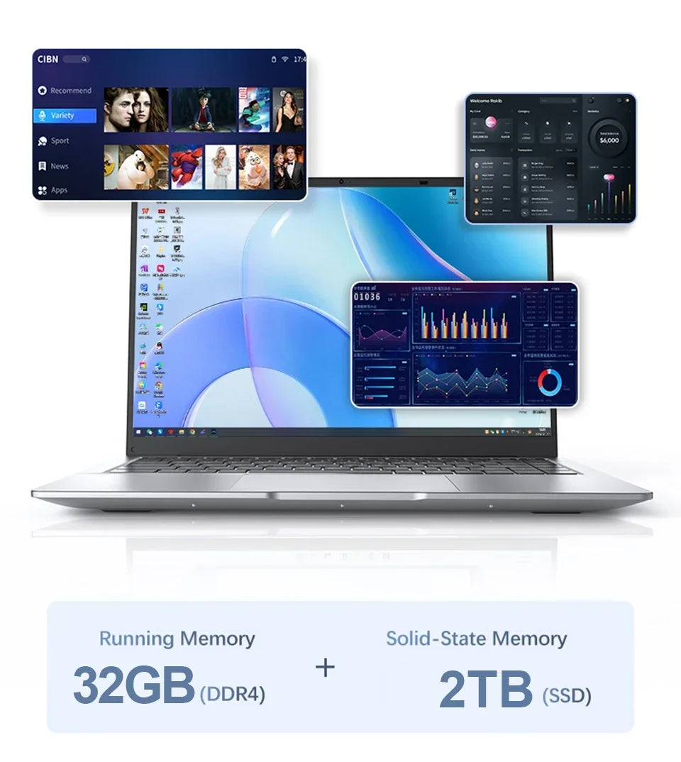 2026 New 14.1 Inch Ultra Thin Laptop Intel 4405U Win11 16GB DDR4 RAM 2TB SSD Portable Business Notebook