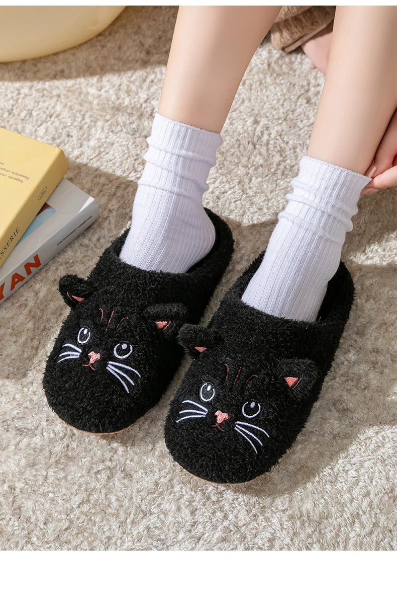 Cute Cat Design Plush Ladies Slippers Autumn And Winter Indoor Floor Non-Slip Soft Bottom Comfortable Warm Home Shoes for Unisex