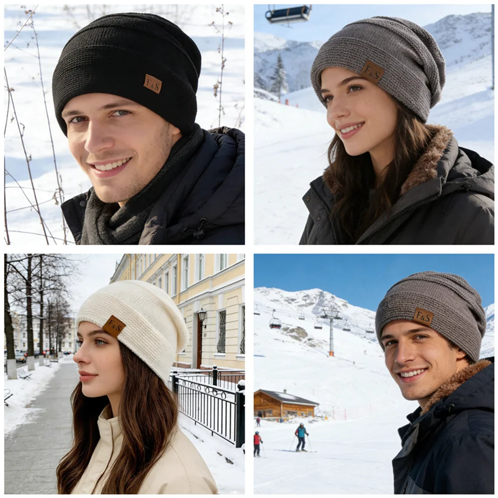 New Unisex Slouchy Winter Hats Add Fur Lined Men And Women Warm Beanie Cap Casual Label Decor Winter Knitted Hats
