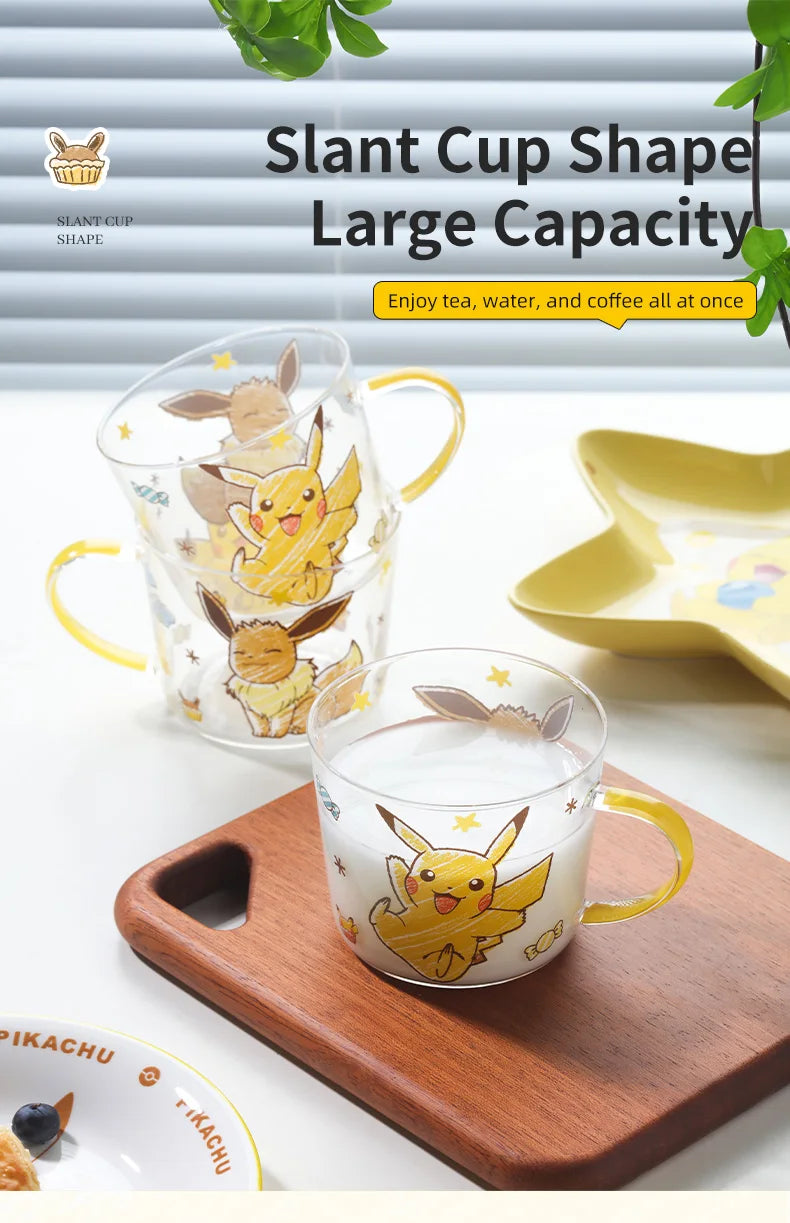 SHUNXIANG Pokémon Pikachu Glass Mugs Milk Cup Cute Drink Tableware Coffee Cup Kawaii  Transparent Water Cup with Handle Gift