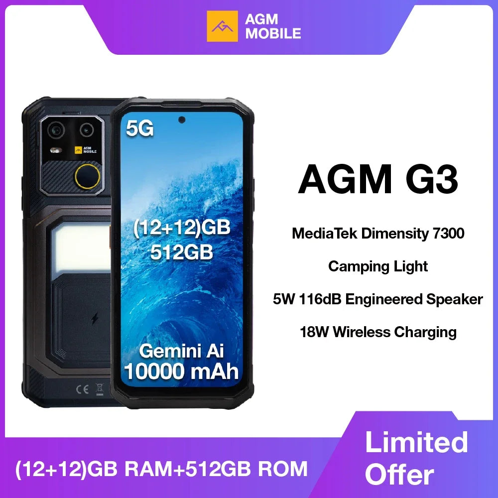 AGM G3 5G Rugged Phone 24GB(12+12) 512GB Wireless Charging 10000mAh Phone 6.72" 120Hz Dimensity 7300 Android15 Camping light