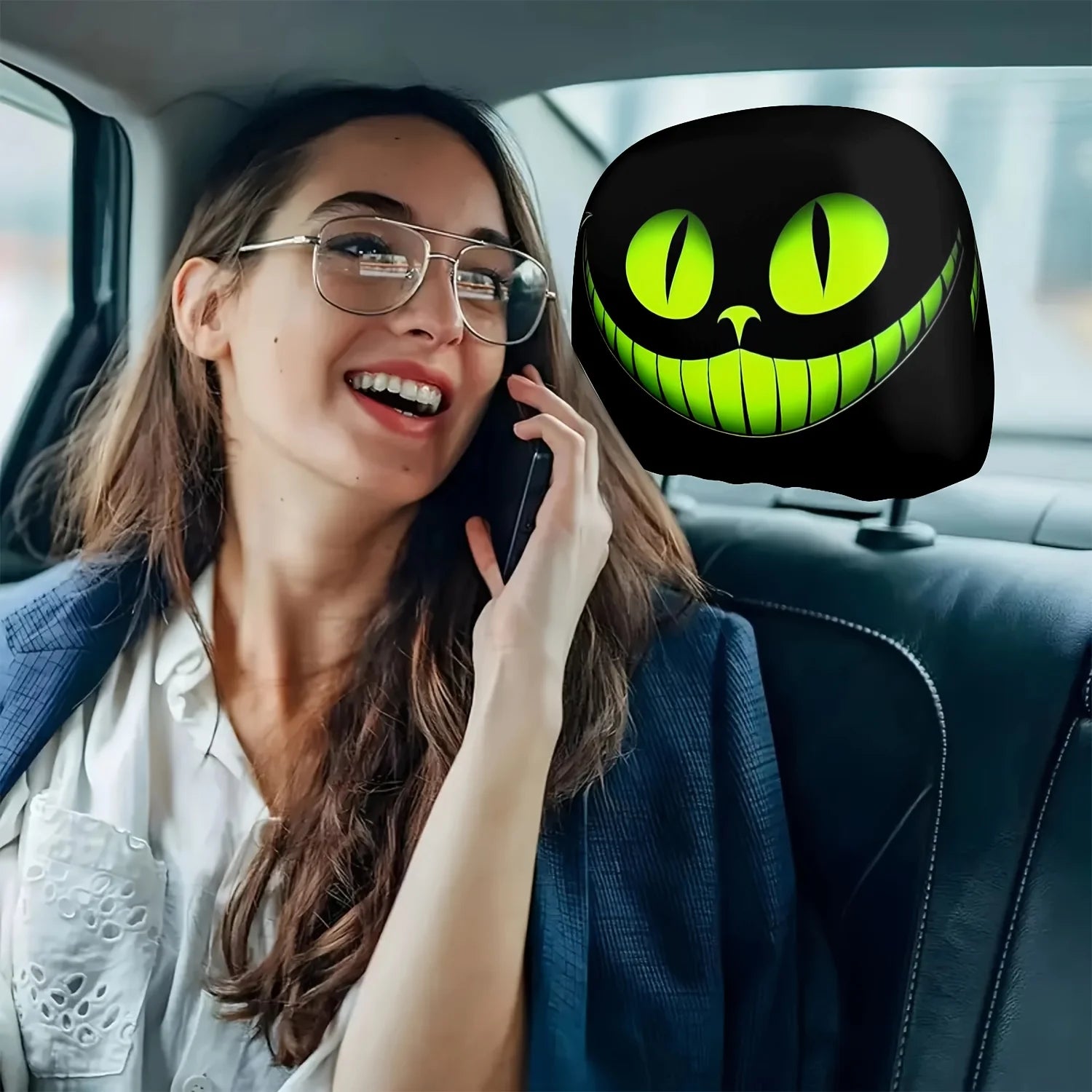 2pcs Fantasy Smile Mystical Cat Eye Universal Car Seat Headrest Covers Car Accessories Holiday Gift Decorative Protective Cover