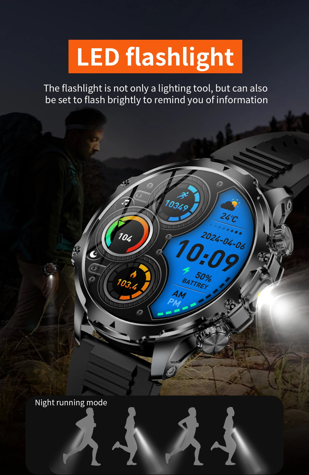 New 1000mah Long Standby AMOLED Smart Watch Men Sports Fitness LED Flashlight 3ATM Waterproof BT Call Smartwatch Men +GiFt