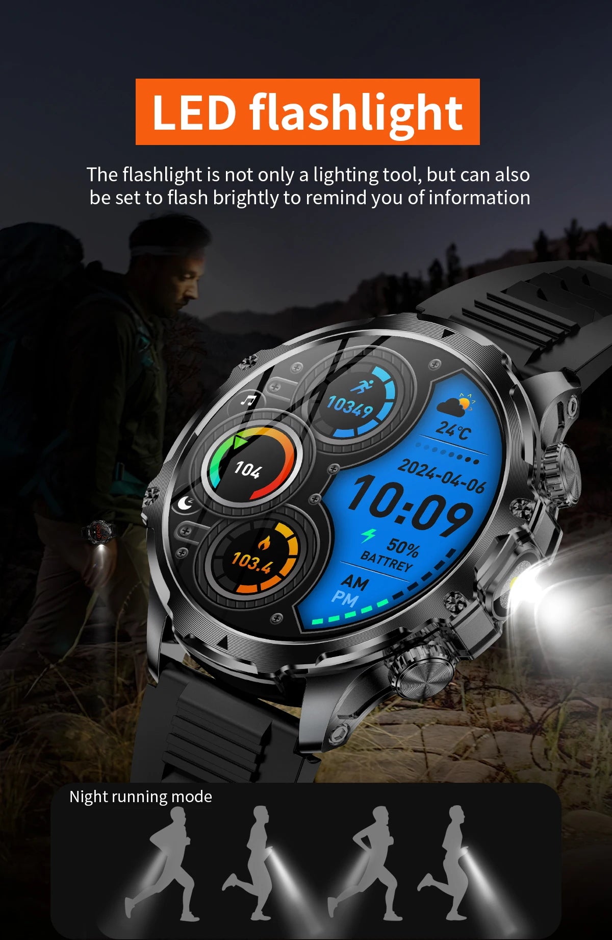 New 1000mah Long Standby AMOLED Smart Watch Men Sports Fitness LED Flashlight 3ATM Waterproof BT Call Smartwatch Men +GiFt
