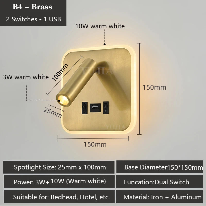 Contemporary Multifunctional LED Wall Sconce with Switch Modern Adjustable Reading Lamp USB Charging Ports for Bedrooms Offices