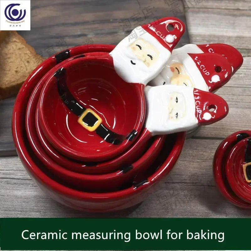 4pcs Christmas Measuring Spoons Set, 3D Hand-painted Ceramic Bowl Measuring Cup, Baking DIY Cake Flour Kitchen Accessories Gift
