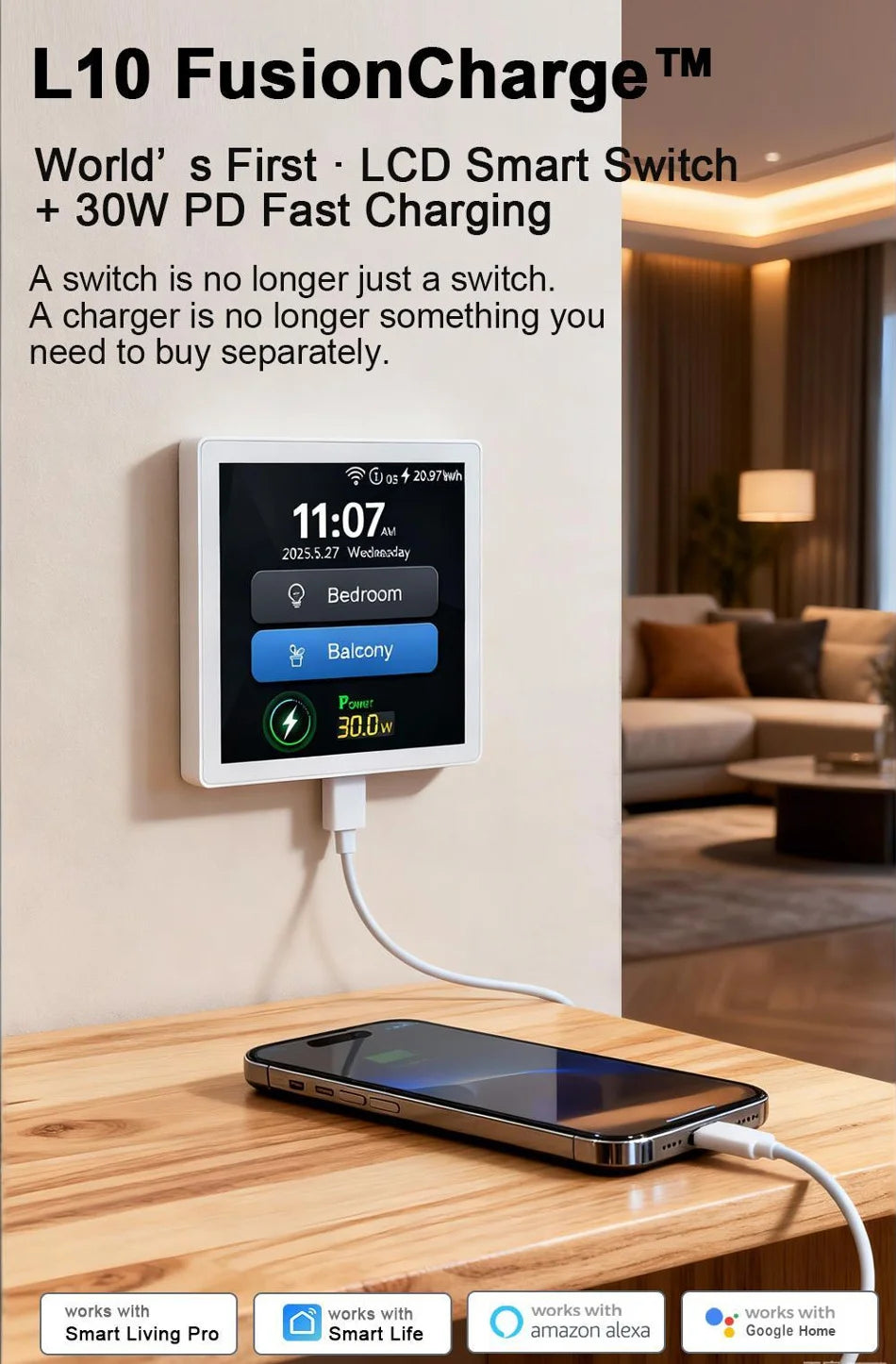 Tuya Smart Home 4-Inch Touch Screen Dual Control Switch 30w Fast Charging Intelligent Control Rechargeable Intelligent Switch
