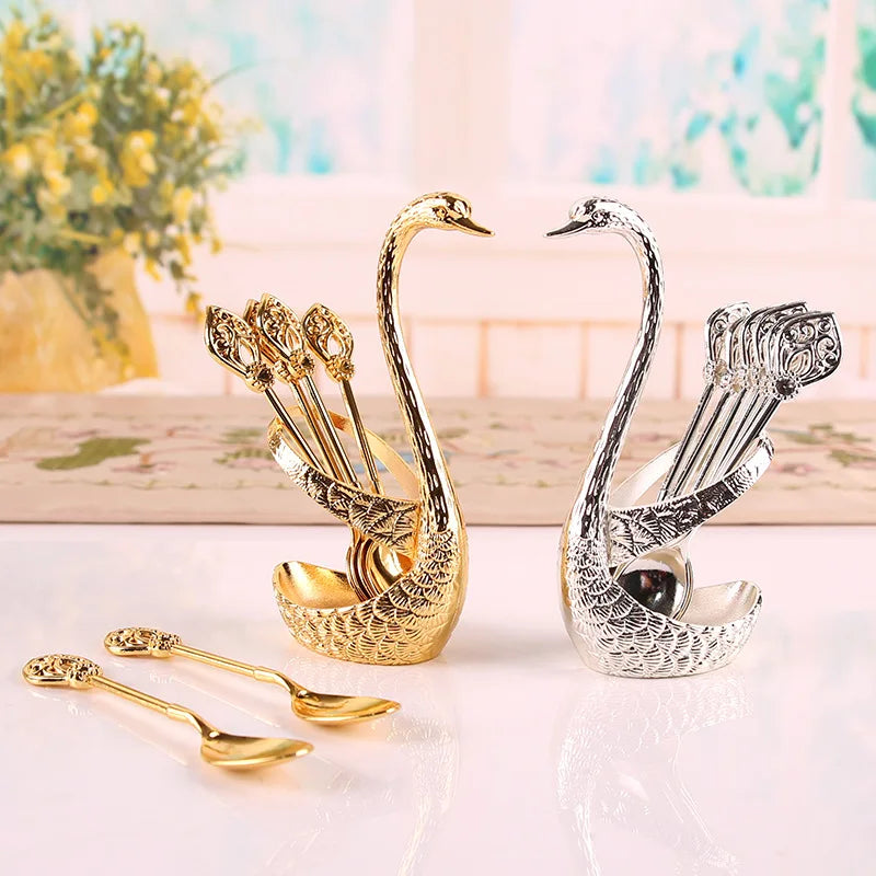 Ice Cream Cake Coffee Tea Stirring Spoons Dessert Swan Holder Cutlery Spoons Set Cutlery Kitchen Tableware 1 Set of 7 Pieces