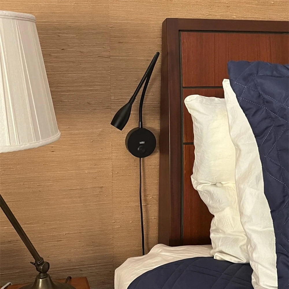 Tokili LED Golden Wall Lamp w/ USB Charger & Touch Dimmer - Bendable Gooseneck Bed Headboard Spotlight Sconce for Reading Lights