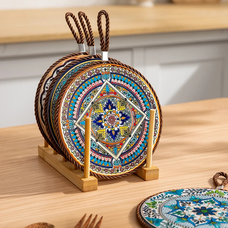 HeMu Bohemian Style Ceramic Pot Holders,Mandala Pattern Heat Resistant Trivets,Hanging Kitchen Coasters with Rope for Hot Dishes