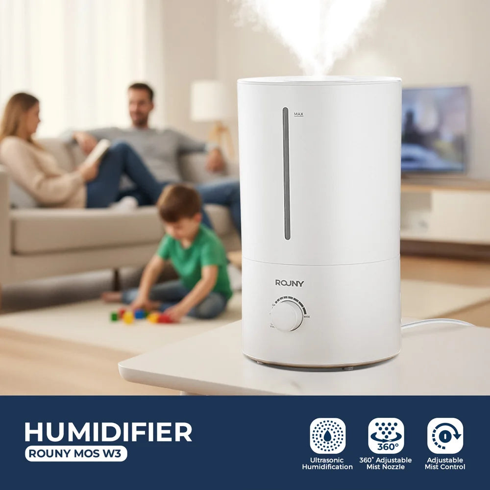 ROUNY Air Humidifier, 4L Large Capacity Ultrasonic Humidifier with Low Water Protection, 360° & Quiet & BPA-Free, White
