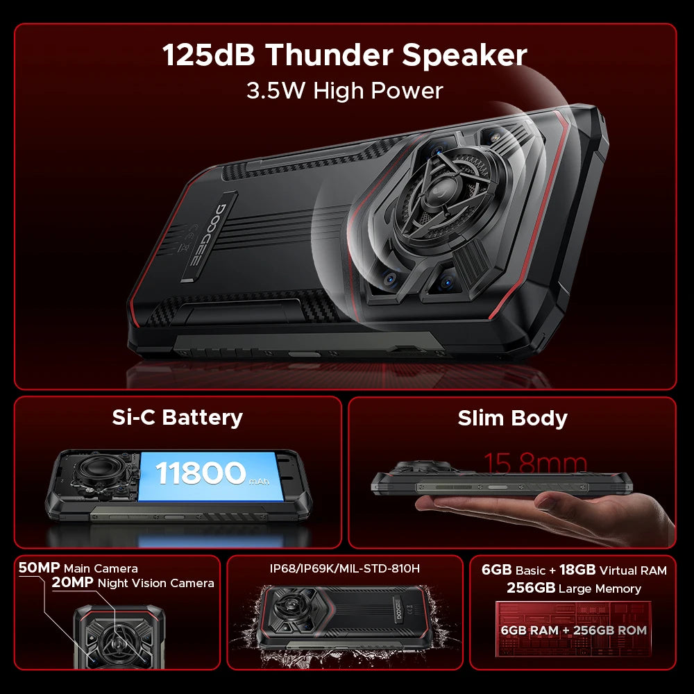 DOOGEE Blade20 Pro Rugged Phone 6.6'' Screen Gemini AI 125dB Speaker 11800mAh Battery 24GB(6+18) 256GB Android 15 NFC Smartphone