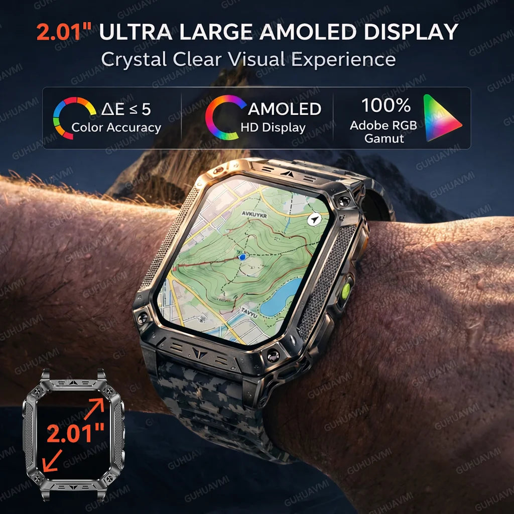 2026 Military 5ATM Waterproof Smart Watch Men 1400mAh Battery GPS Tracks 2.01" HD AMOLED Bluetooth call Sport Fitness Smartwatch