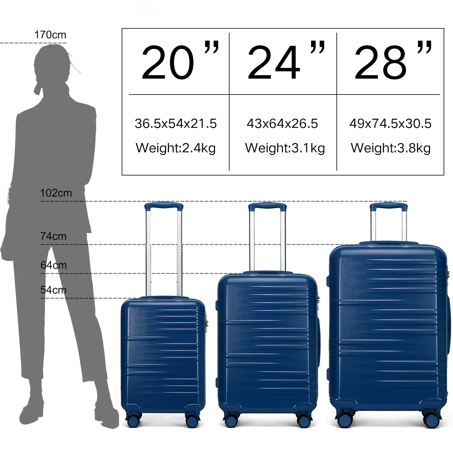 British Traveller Lightweight Hard Shell Suitcase ABS+PC, 20/24/28 inches, 4 spinner wheels with combination lock