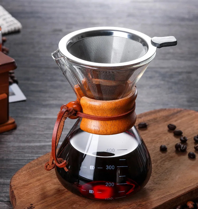 Hand Glass Coffee Kettle with Stainless Steel Filter Drip Brewing Hot Brewer Coffee Pot Dripper Barista Pour Over Coffee Maker