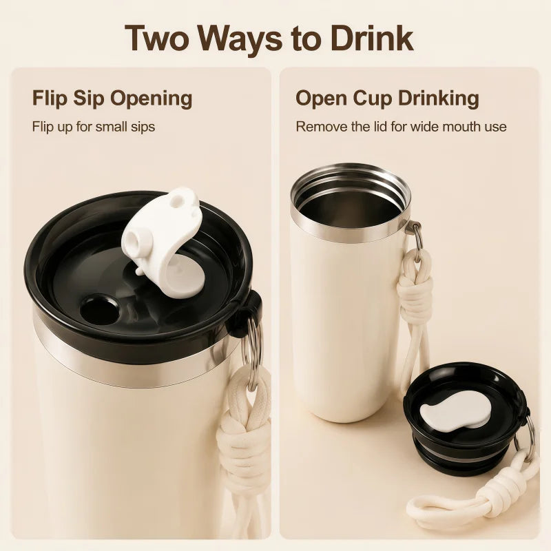 350ML 500ML Insulated Coffee Tumbler Stainless Steel Travel Mug with Lid Rope Handle Portable Thermal Cup for Car Office
