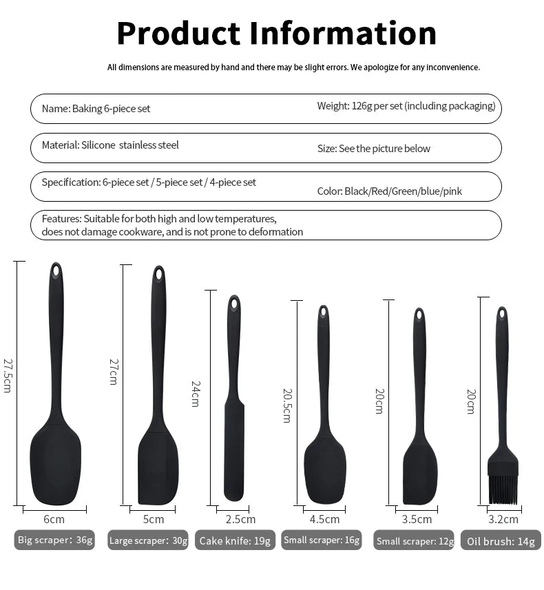 Silicone kitchenware 6-piece set, cream  scraper, spatula, oil brush, size scraper set baking tool，Non-integrated hand