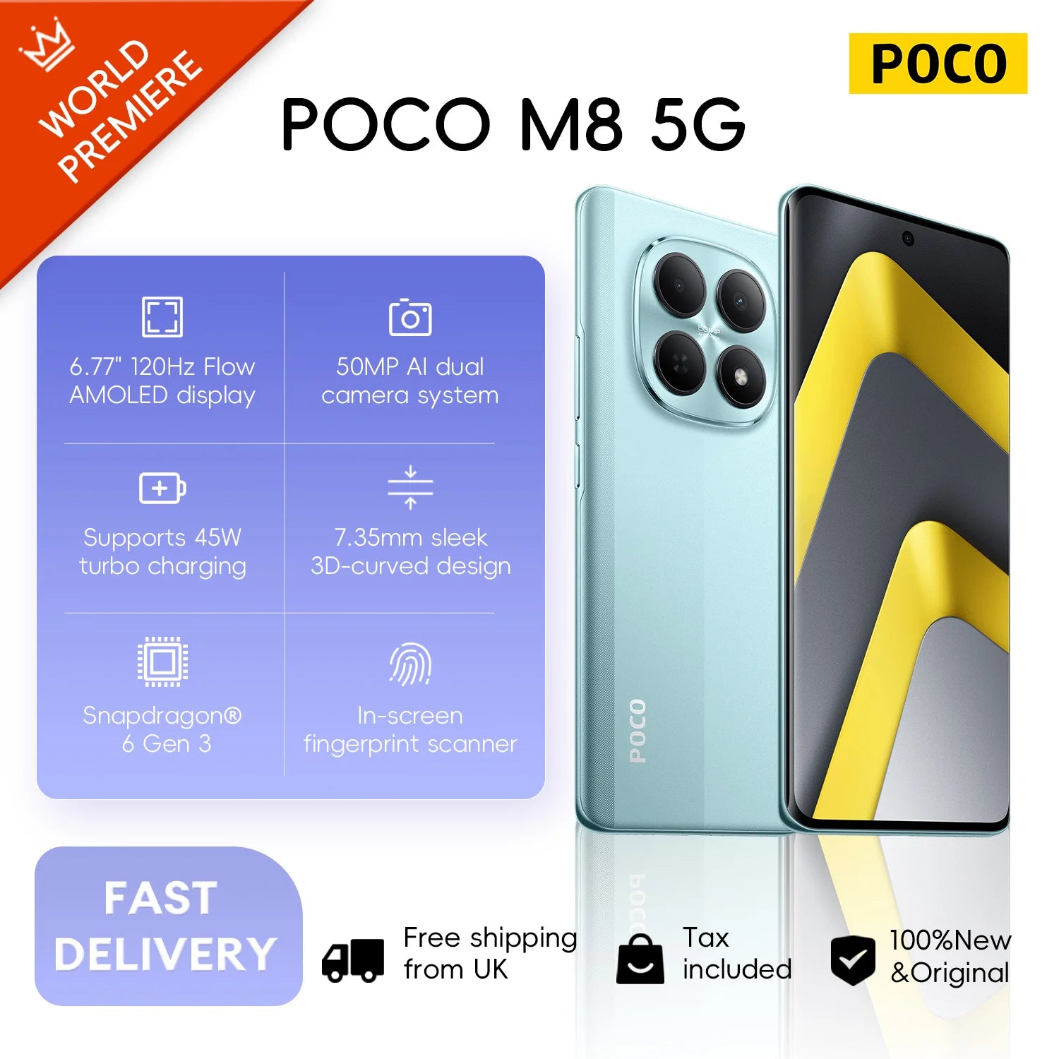 POCO M8 5G 8+256GB Global Version Snapdragon® 6 Gen 3 6.77" 120Hz Flow AMOLED display 7.35mm sleek 3D-curved design 5520mAh 45W