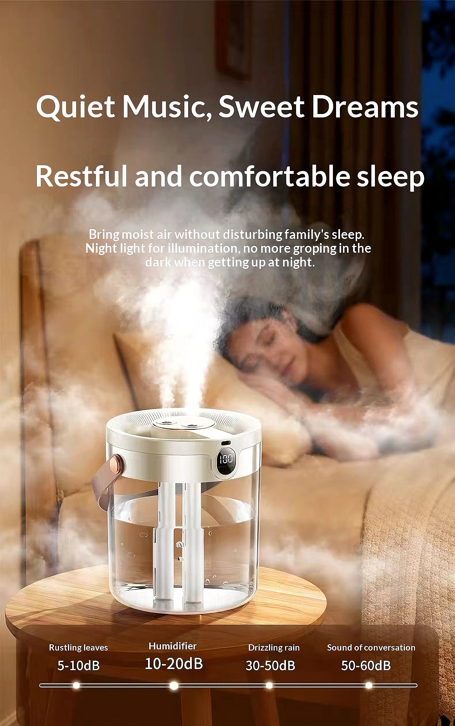 Portable Ultrasonic Humidifier 3 Spray Nozzles Digital Screen Night Light Large Water Tank Silent Aroma Diffuser for Home Use