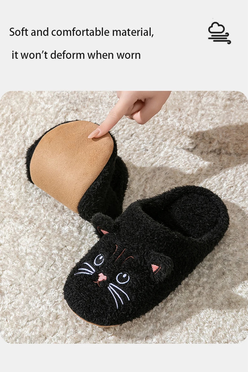 Cute Cat Design Plush Ladies Slippers Autumn And Winter Indoor Floor Non-Slip Soft Bottom Comfortable Warm Home Shoes for Unisex