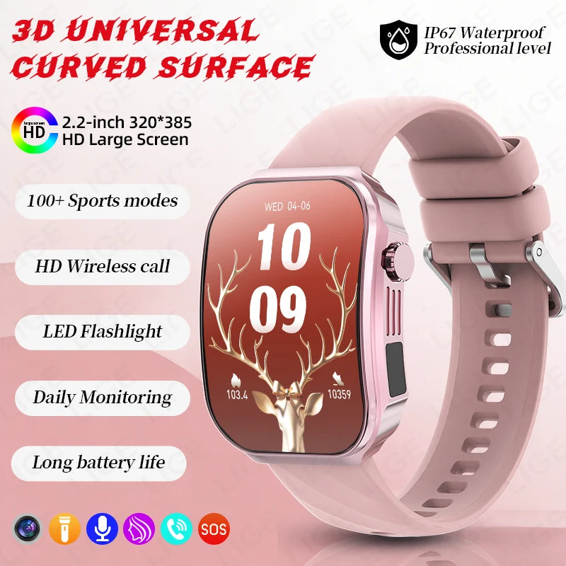 3D Curved Screen Smart Watch 2.2" Large HD Display Bluetooth Call Waterproof Flashlight Outdoor Sport Smartwatch Women 2026 New