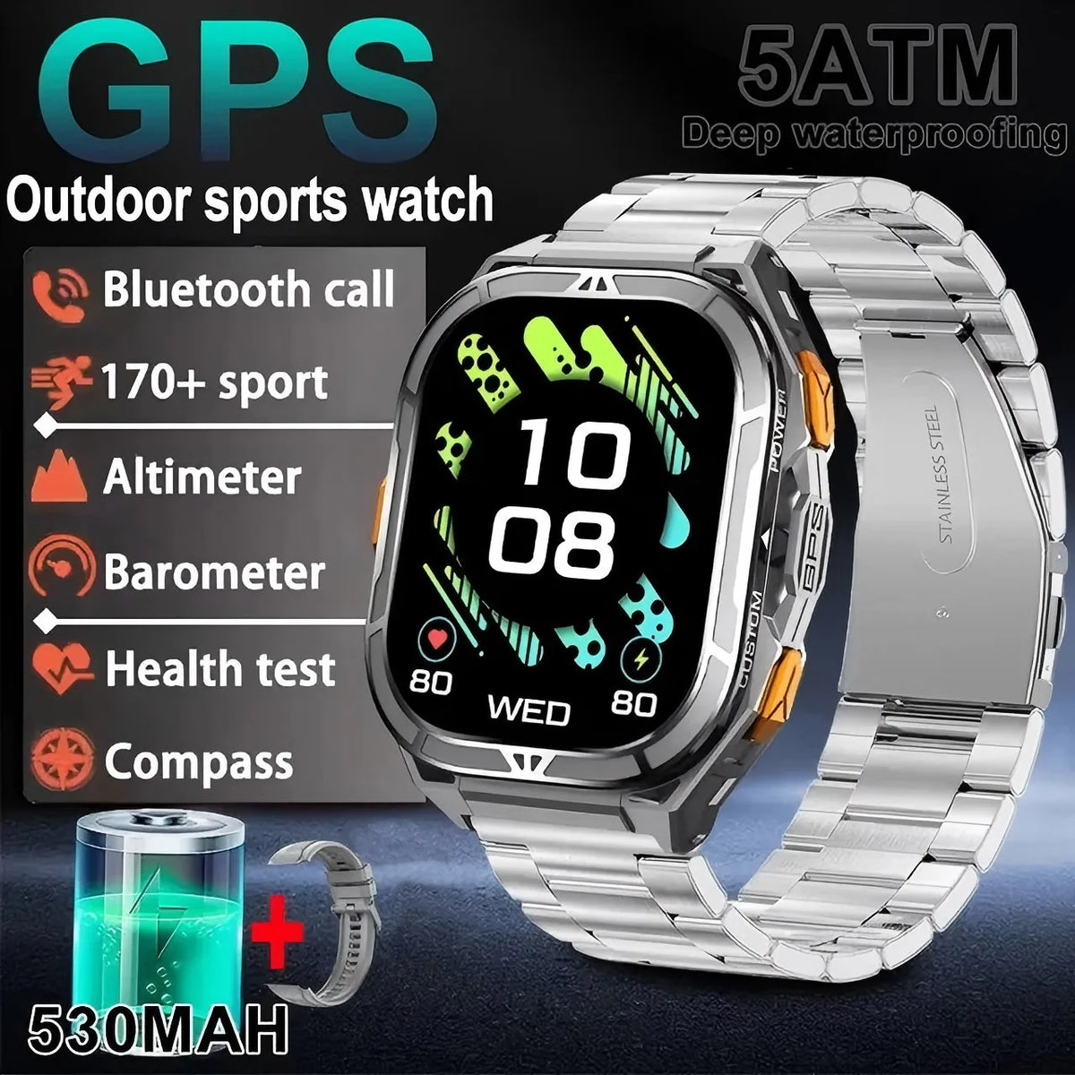 2026 NEW TANK X5 Smartwatch 5ATM Waterproof GPS Dual-Frequency tracking 1.96" AMOLED 530mAh Compass 170+ Sports Fitness Tracker