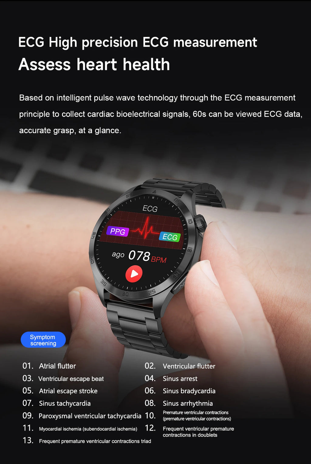 For iOS Android New Health Measurement SmartWatch Men Blood Oxygen Uric Acid ECG+PPG Body Blood Pressure HD Bluetooth Call Watch
