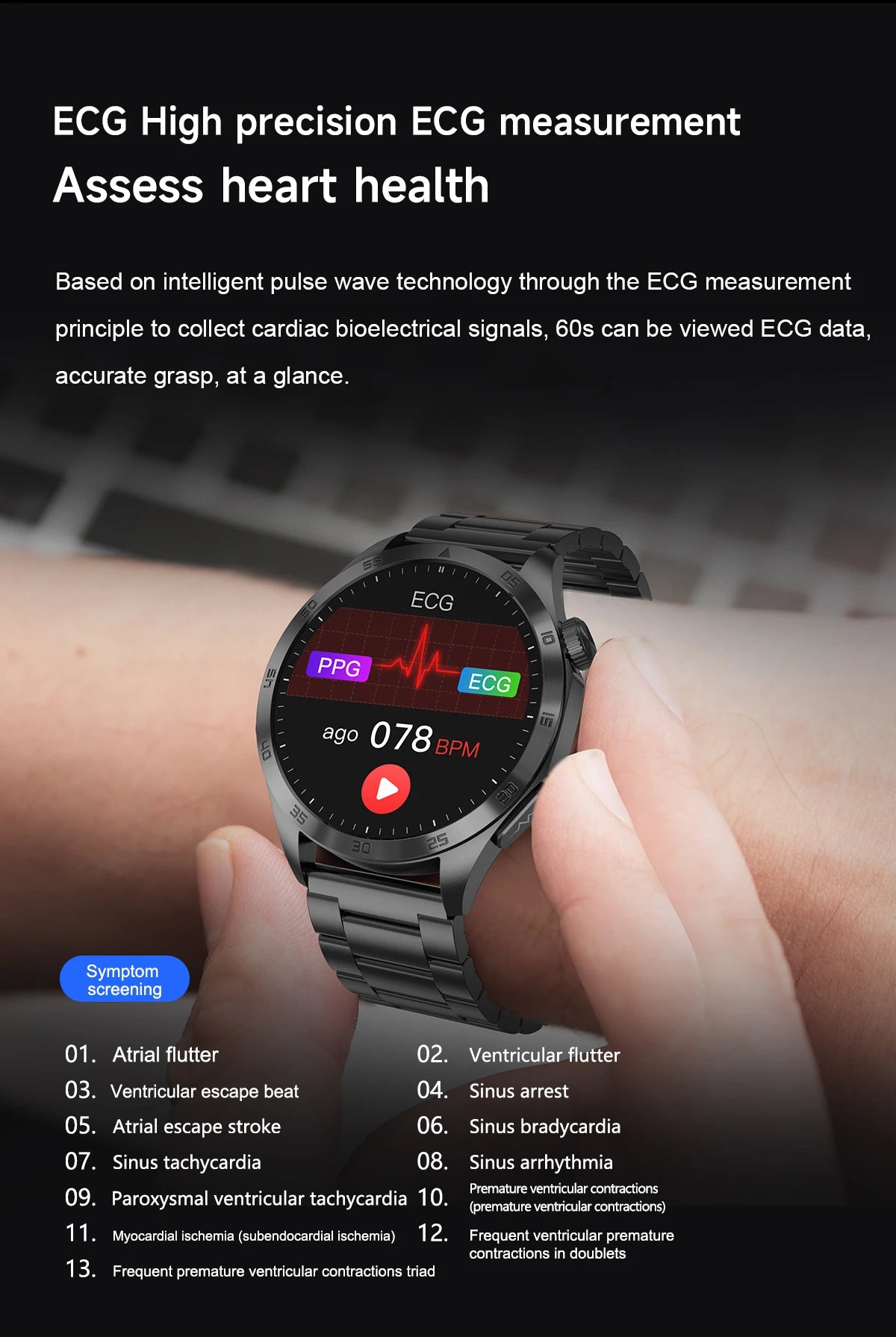 For iOS Android New Health Measurement SmartWatch Men Blood Oxygen Uric Acid ECG+PPG Body Blood Pressure HD Bluetooth Call Watch