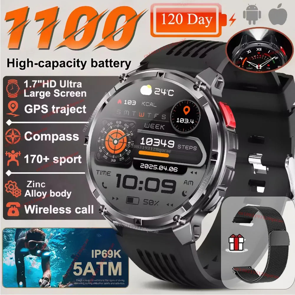2026 New 1100mAh 1.7 Inch Smart Watch GPS path 5ATM Waterproof Sports Run Hiking Outdoors Compass Flashlight Military Smartwatch